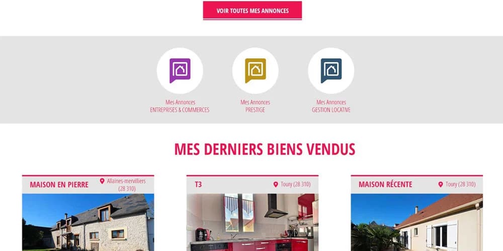 Capture d'écran de la page des minisites sur proprietes-privees.com, dont le webdesign était signé Jennifer Adamski